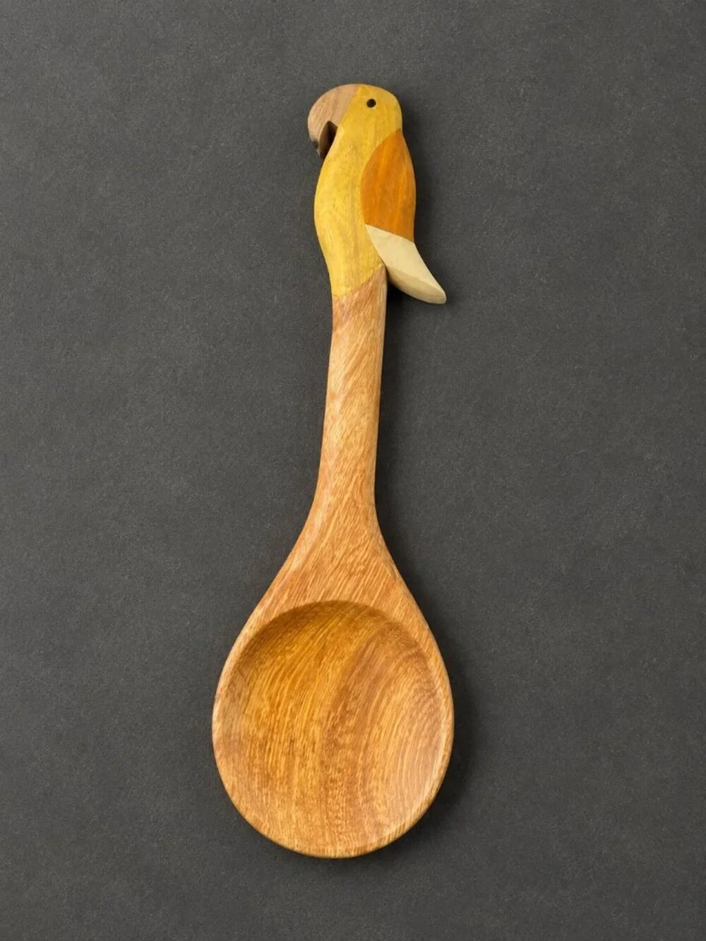 Vintage Hand-Carved Wood Parrot Bird Handle Serving Spoon 12